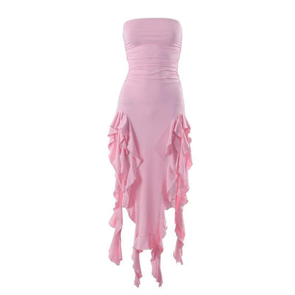 Strapless Ruched Double Slit Ruffle Hem Midi Dress