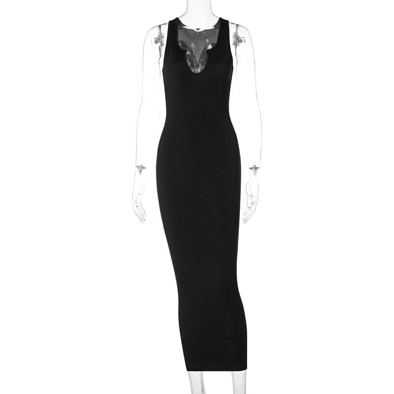 Notch Neck Sleeveless Ribbed Knit Bodycon Maxi Dress