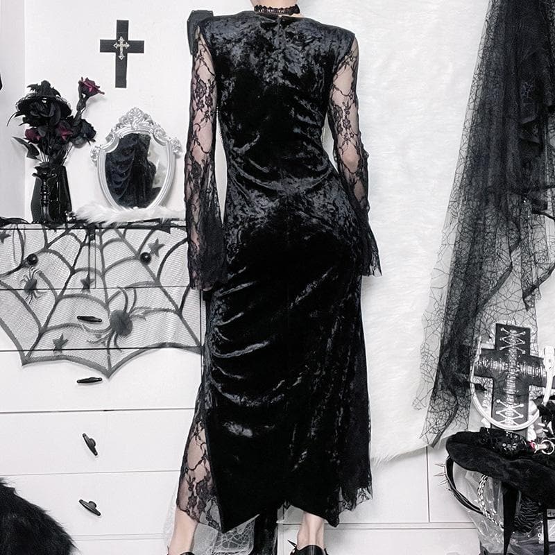 Square Neck Lace Overlay Chain Cross Crushed Velvet Bell Sleeve Midi Dress