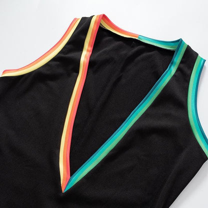 Deep V Neck Contrast Rainbow Ribbed Trim Sleeveless Bodycon Midi Dress