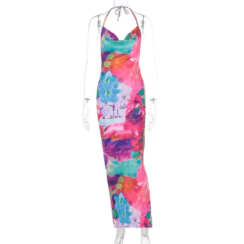 Abstract Floral Print Cowl Neck Halter Backless Ruched Bodycon Maxi Dress