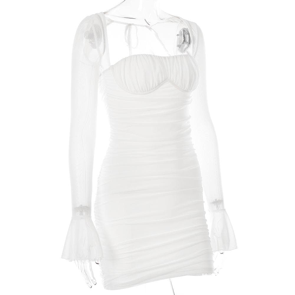 Square Neck Sweetheart Bust Ruched Mesh Bell Sleeve Mini Dress