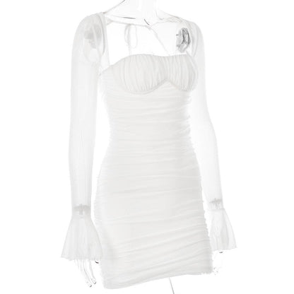 Square Neck Sweetheart Bust Ruched Mesh Bell Sleeve Mini Dress