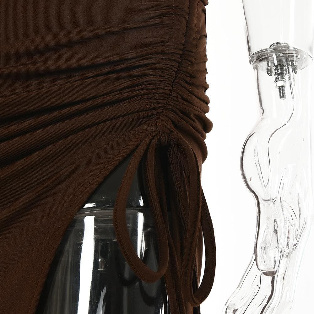 Halter Keyhole Midriff Cutout Drawstring Side Slit Maxi Dress