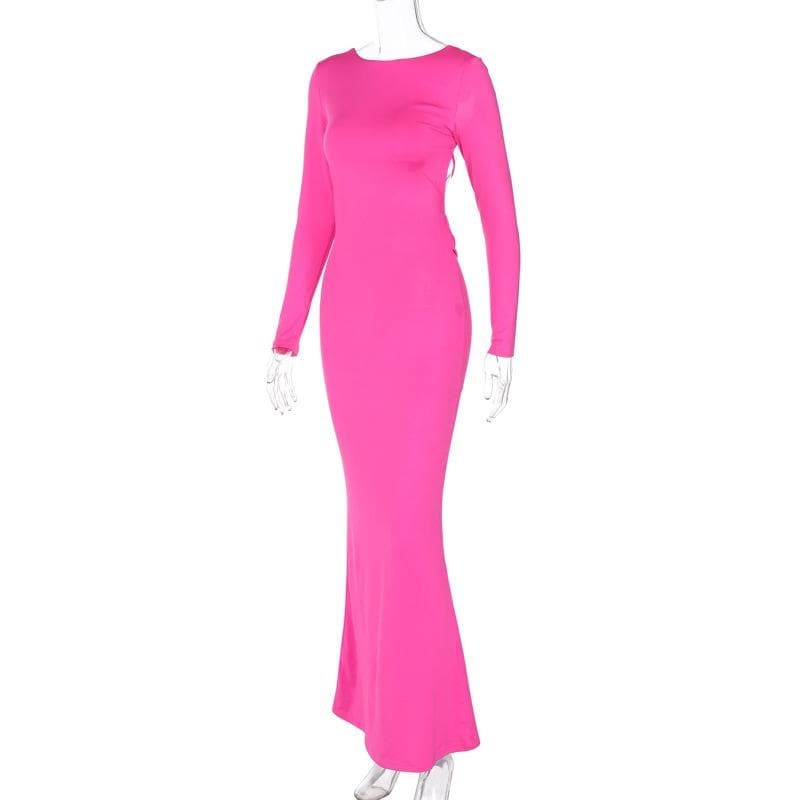 Crew Neck Long Sleeve Lace-Up Back Bodycon Mermaid Hem Maxi Dress