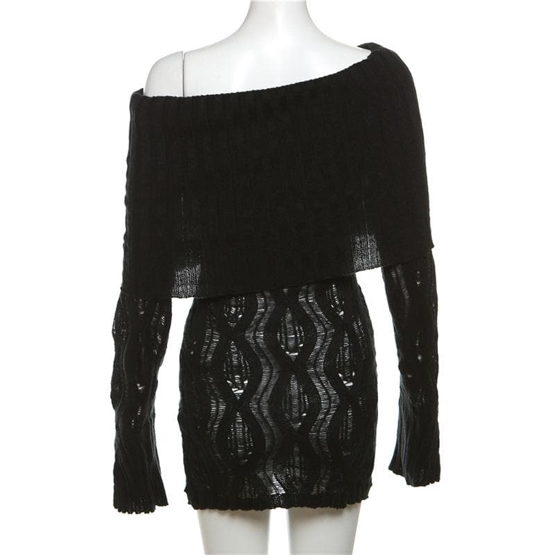 Off Shoulder Ribbed Collar Distressed Open Knit Long Sleeve Mini Dress