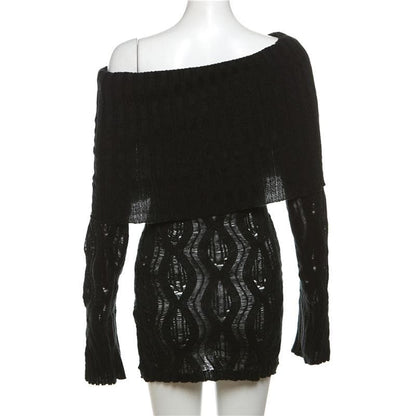 Off Shoulder Ribbed Collar Distressed Open Knit Long Sleeve Mini Dress