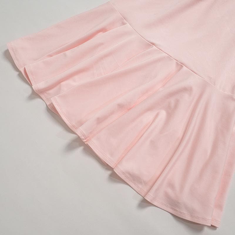 Deep V Ruched Glove Sleeve Ruffle Trim Mini Dress
