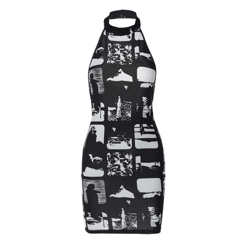 Comic Panel Print Halter Choker Cutout Backless Bodycon Mini Dress