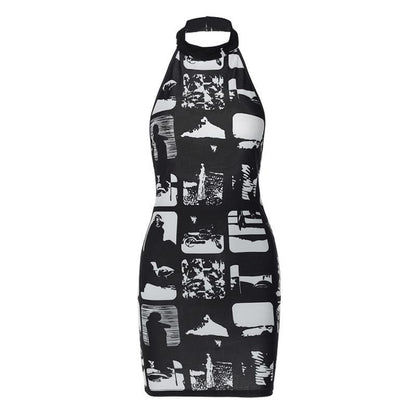 Comic Panel Print Halter Choker Cutout Backless Bodycon Mini Dress