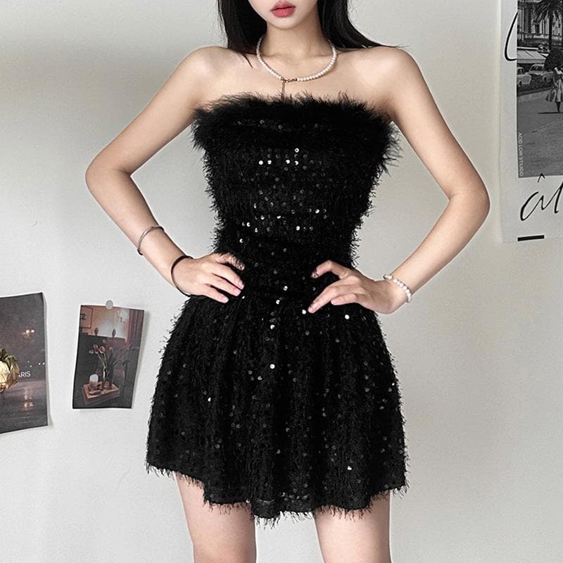 Strapless Feather Trim Eyelash Sequin Tube Mini Dress