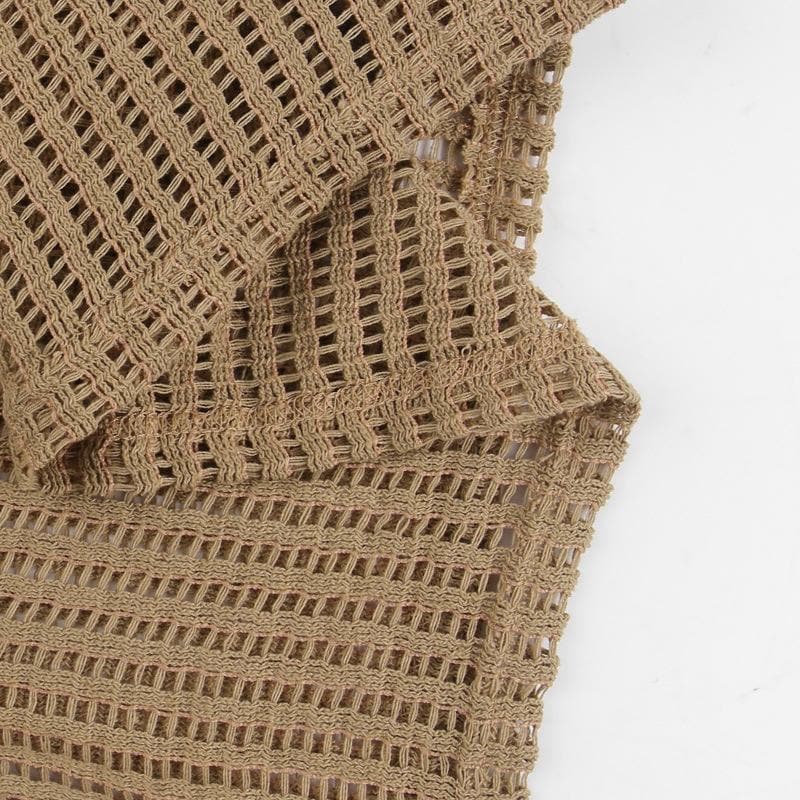 Cowl Neck Open Knit Tie Cuff Long Sleeve Hollow Out Mini Dress