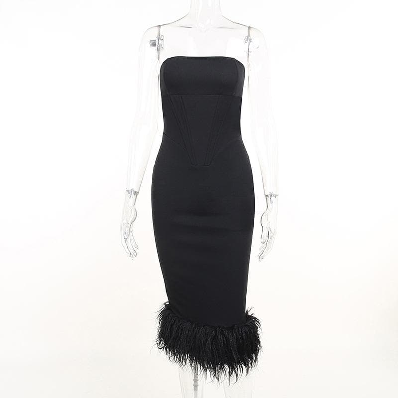 Strapless Glitter Knit Feather Trim Tube Midi Dress