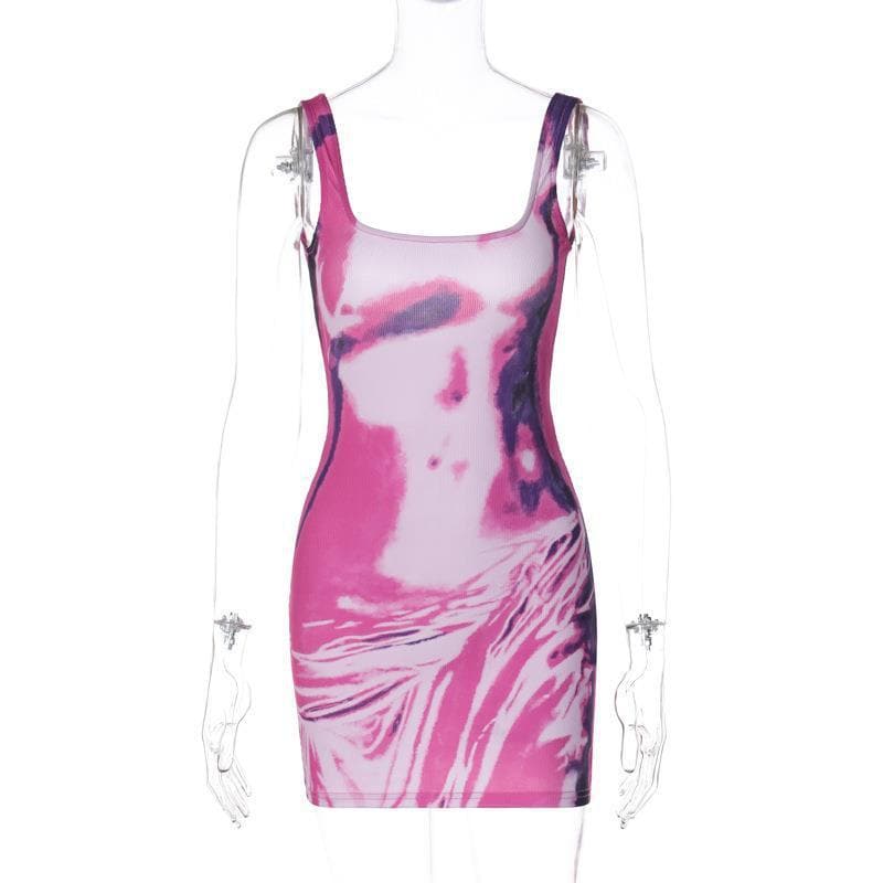 Scoop Neck Spaghetti Strap Trompe Loeil Body Print Bodycon Mini Dress
