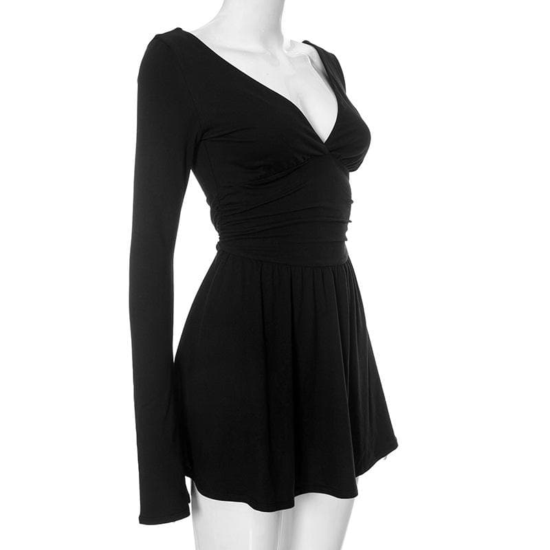 Deep V Neck Long Sleeve Ruched Waist Fit And Flare Mini Dress
