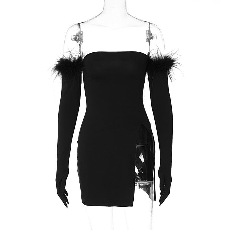 Strapless Feather Trim Opera Glove High Slit Tube Mini Dress