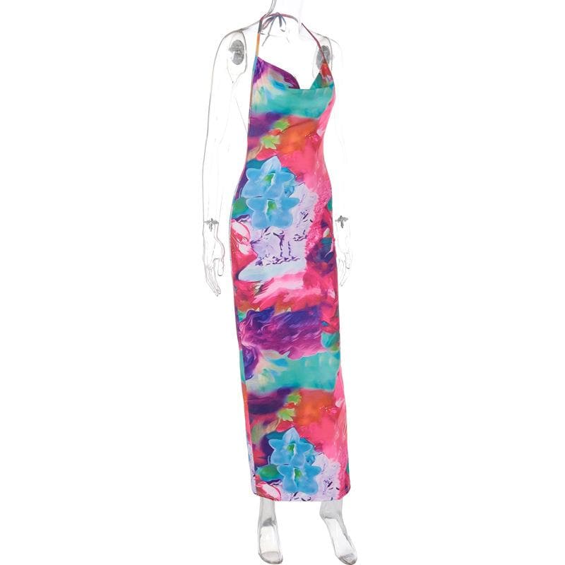 Abstract Floral Print Cowl Neck Halter Backless Ruched Bodycon Maxi Dress