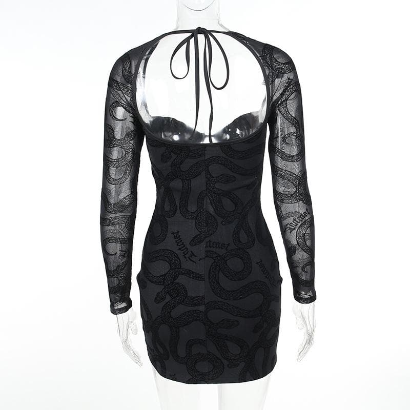 Snake Print Corset Lace Up Chest Cutout Mesh Sleeve Mini Dress