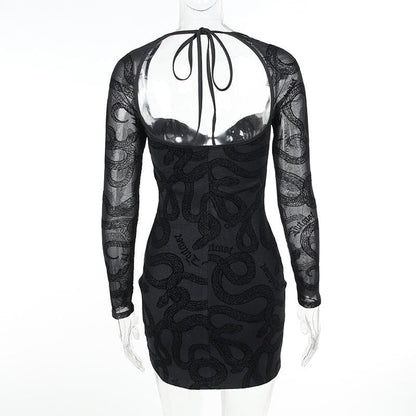 Snake Print Corset Lace Up Chest Cutout Mesh Sleeve Mini Dress