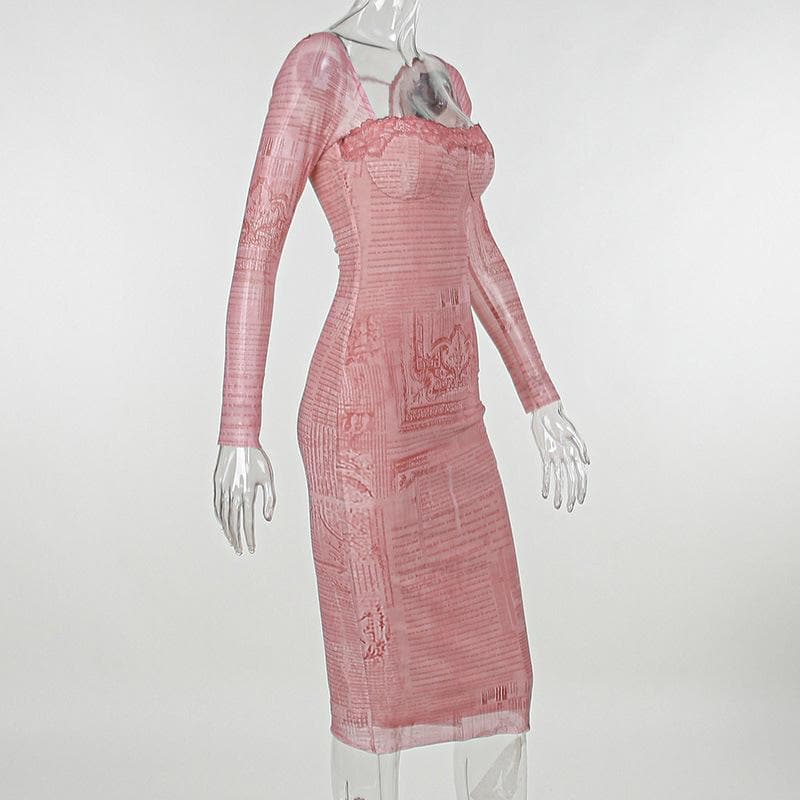 Lace Trim Square Neck Long Sleeve Newspaper Print Bodycon Midi Dress