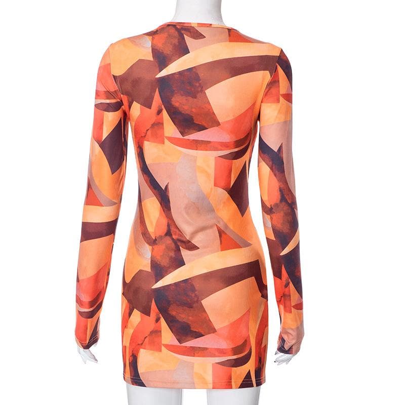 Abstract Geometric Print Long Sleeve Crew Neck Bodycon Mini Dress