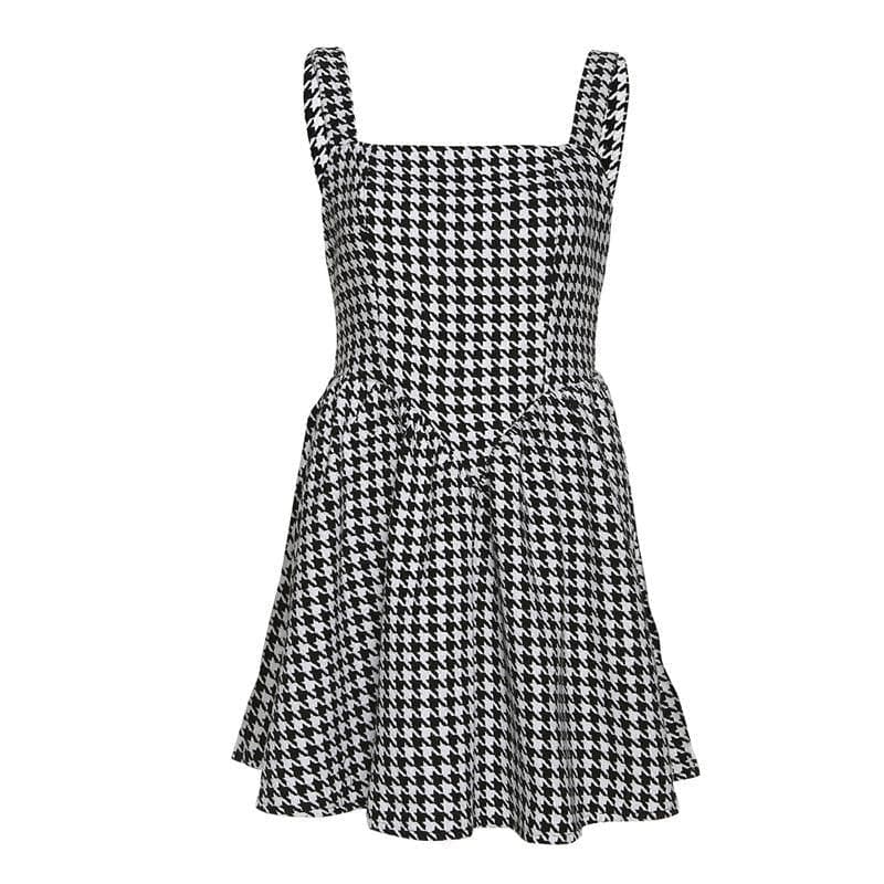 Square Neck Sleeveless Houndstooth Fit and Flare Mini Dress