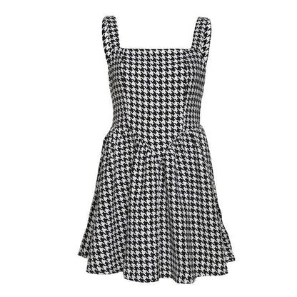 Square Neck Sleeveless Houndstooth Fit and Flare Mini Dress