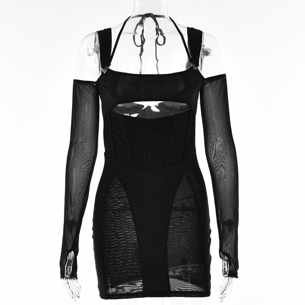 Mesh Corset Off-Shoulder Hollow Cutout Gauntlet Sleeve Halter Mini Dress