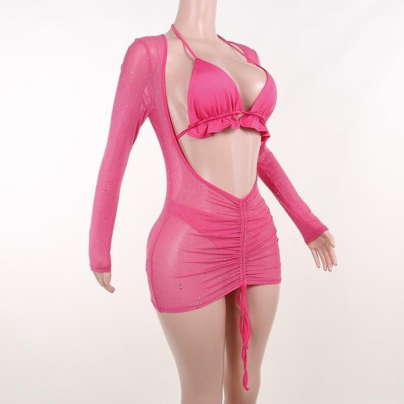 Rhinestone Mesh Long Sleeve Midriff Cutout Ruched Drawstring Bikini Cover Up Set