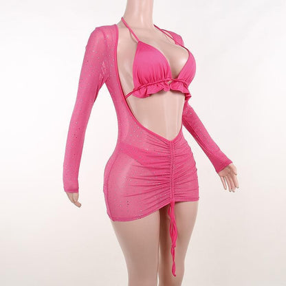 Rhinestone Mesh Long Sleeve Midriff Cutout Ruched Drawstring Bikini Cover Up Set