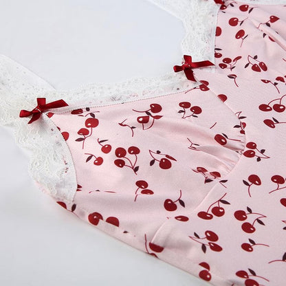 Sweetheart Lace Trim Print Bow Strap Bodycon Mini Dress