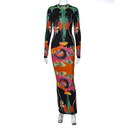 Crew Neck Long Sleeve Psychedelic Graphic Print Bodycon Maxi Dress