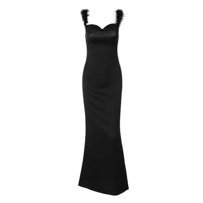 Sweetheart Spaghetti Strap Feather Trim Satin Column Maxi Dress