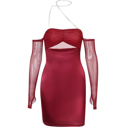 Mesh Ruched Halter Chain Neck Cutout Mini Dress with Detached Sleeves Set