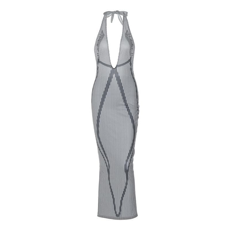 Pinstripe Plunge Halter Lace Trim Geometric Bodycon Maxi Gown