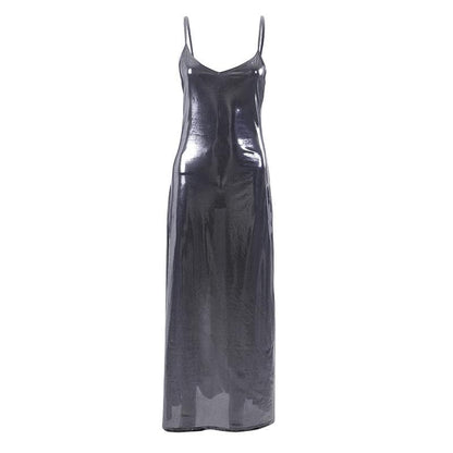 Metallic V Neck Backless Spaghetti Strap Cami Maxi Dress