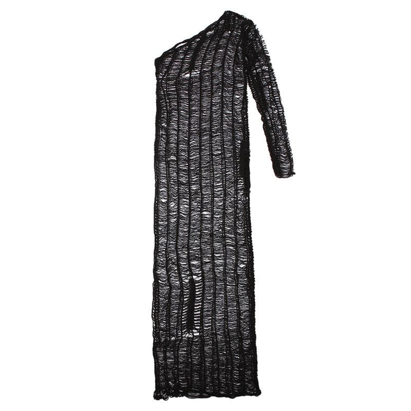 One Shoulder Open Knit Distressed Ladder Knit Maxi Dress