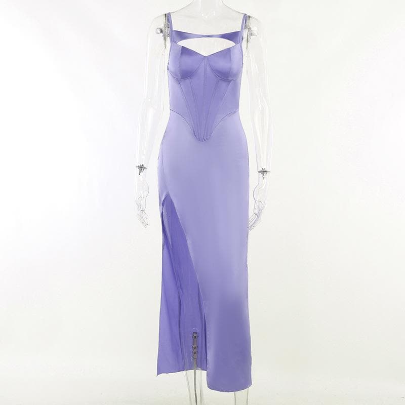 Spaghetti Strap Corset Panel Chest Cutout High Slit Satin Maxi Gown