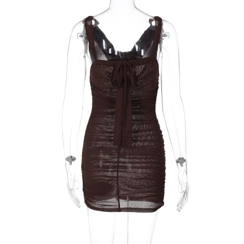 Cowl Neck O-Ring Hardware Strap Ruched Mesh Bodycon Mini Dress