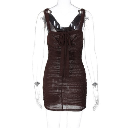 Cowl Neck O-Ring Hardware Strap Ruched Mesh Bodycon Mini Dress