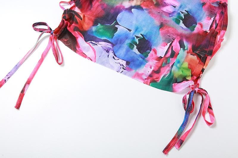 Floral Print Drawstring Waist Cutout Cami Mini Dress