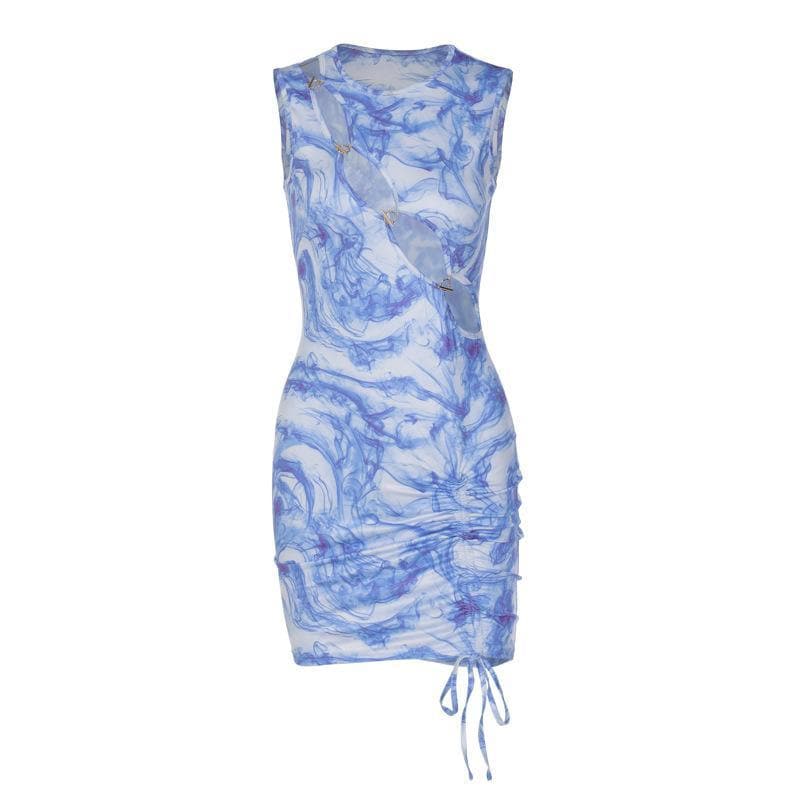 Crew Neck Chain Link Cutout Side Ruched Drawstring Mini Dress