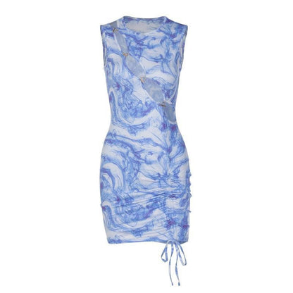 Crew Neck Chain Link Cutout Side Ruched Drawstring Mini Dress