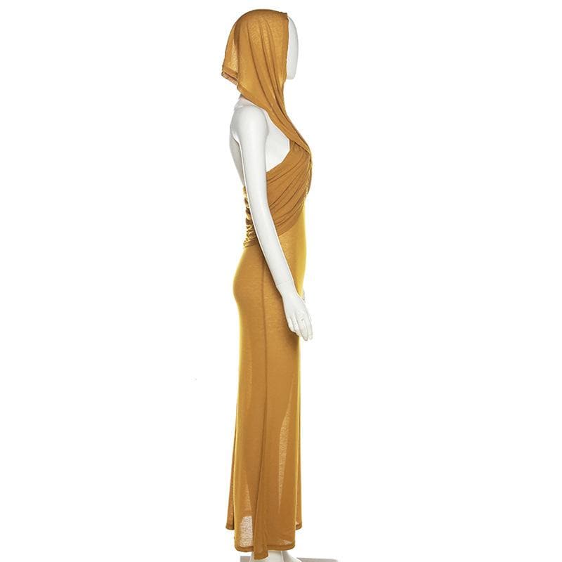Hooded Cross Halter Ruched Sheer Overlay Bodycon Maxi Dress
