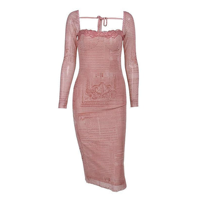 Lace Trim Square Neck Long Sleeve Newspaper Print Bodycon Midi Dress