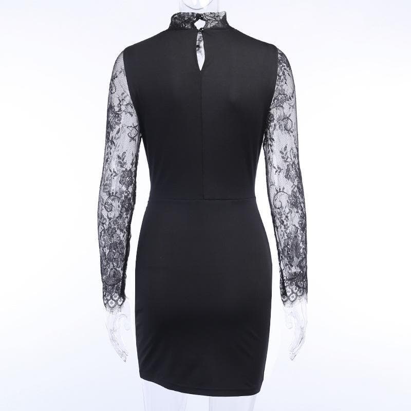 Lace Yoke Mock Neck Long Sleeve Wrap Ruched Bodycon Mini Dress