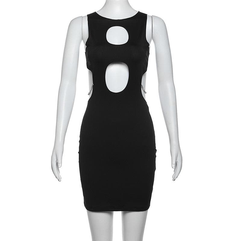 Crew Neck Sleeveless Oval Cutout Rhinestone Ring Hardware Bodycon Mini Dress