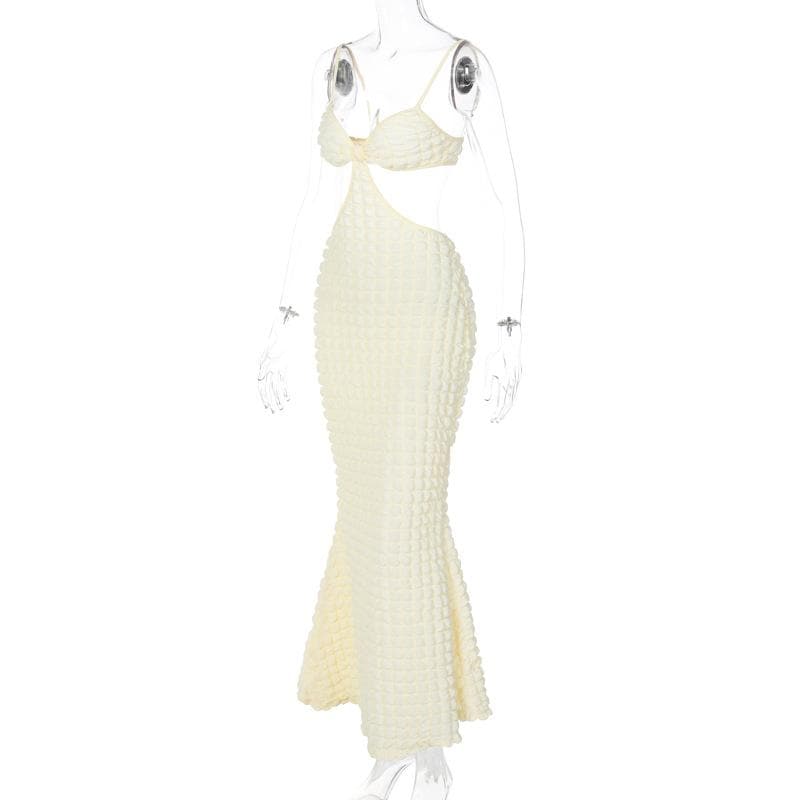 Spaghetti Strap Popcorn Knit Waist Cutout Backless Maxi Dress