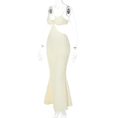 Spaghetti Strap Popcorn Knit Waist Cutout Backless Maxi Dress