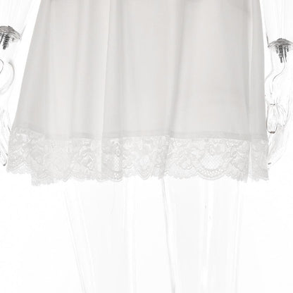 Square Neck Ruched Lace Strap Lace Hem Zip Mini Dress